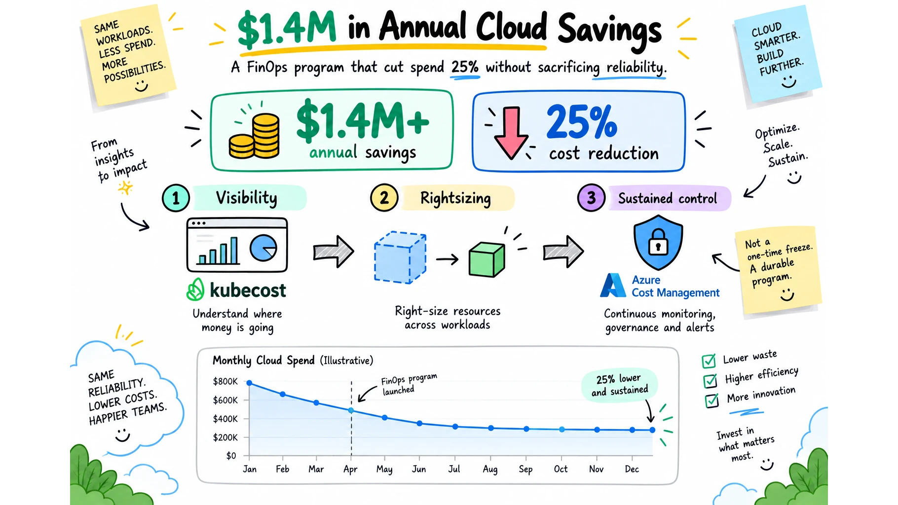 Diagram of the FinOps program: Kubecost visibility, workload rightsizing, and sustained control via Azure Cost Management, resulting in $1.4M+ annual savings and a 25% cost reduction.