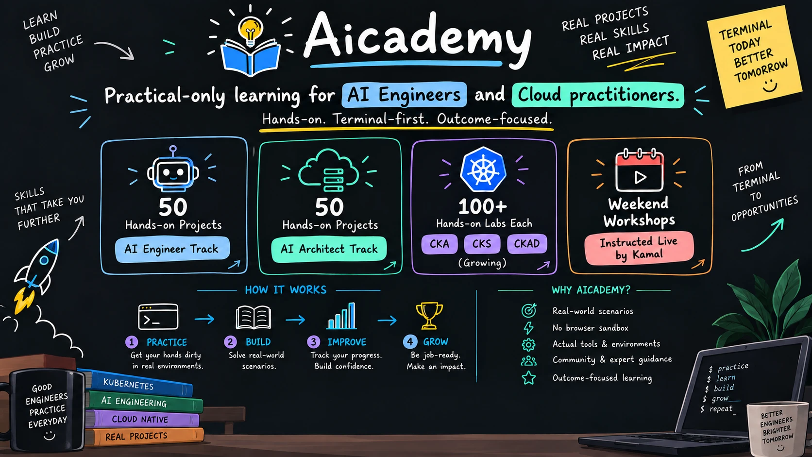 Aicademy overview: 50 hands-on projects each in the AI Engineer and AI Architect tracks, 100+ hands-on labs each for CKA, CKS, and CKAD, and live weekend workshops.