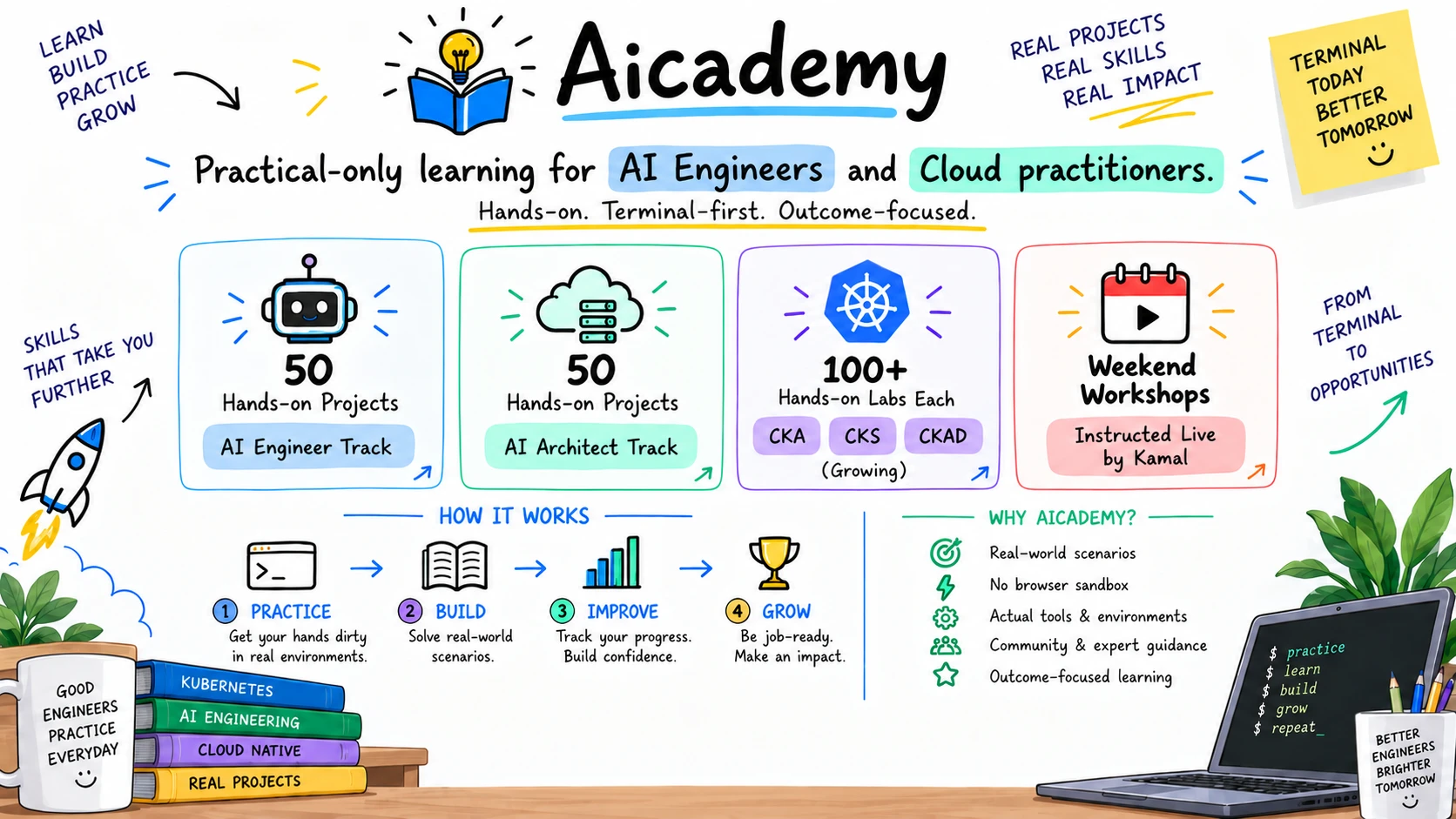 Aicademy overview: 50 hands-on projects each in the AI Engineer and AI Architect tracks, 100+ hands-on labs each for CKA, CKS, and CKAD, and live weekend workshops.