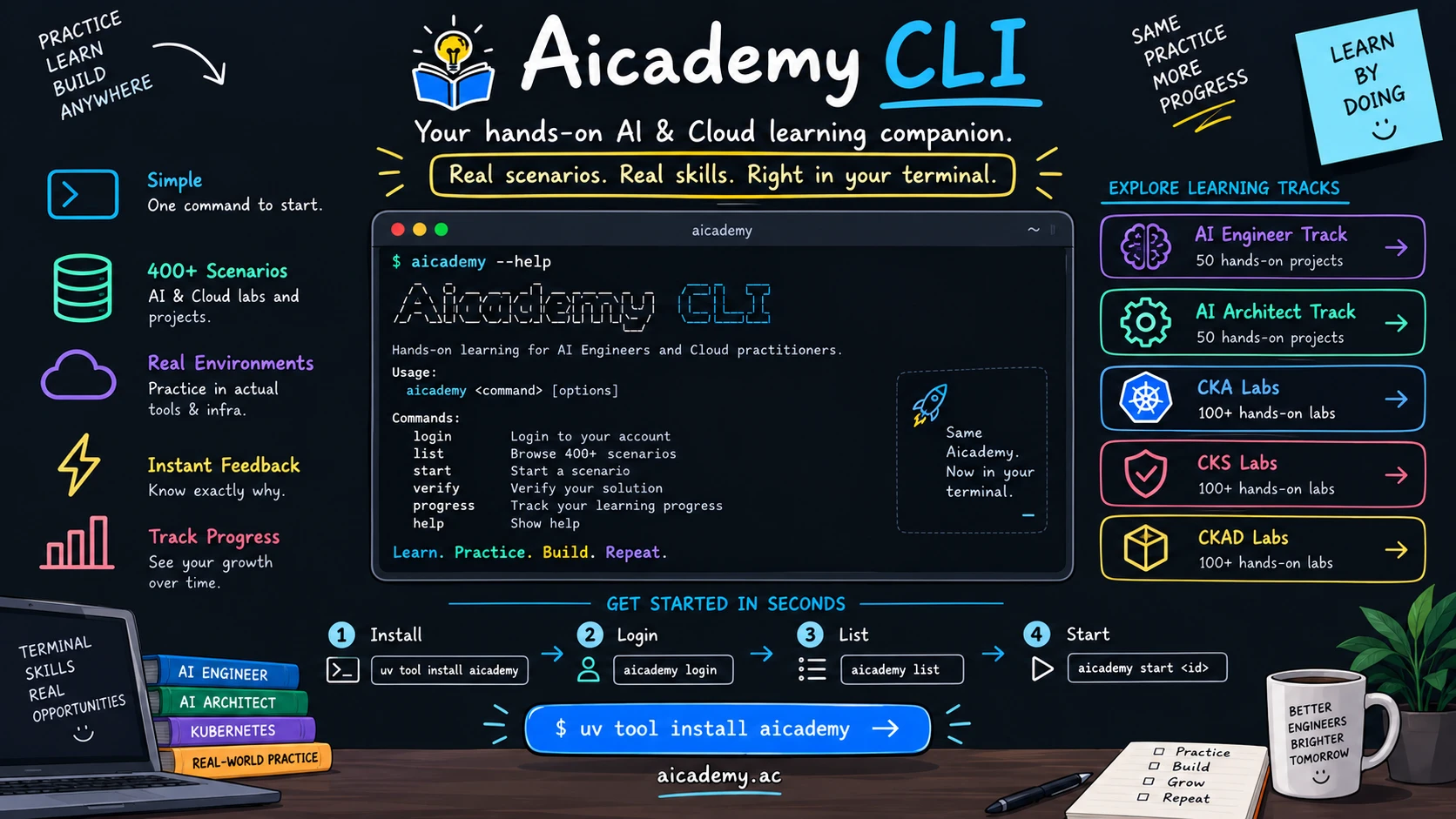 Aicademy CLI terminal preview showing `aicademy --help` output, the install/login/list/start workflow, and links to each learning track.