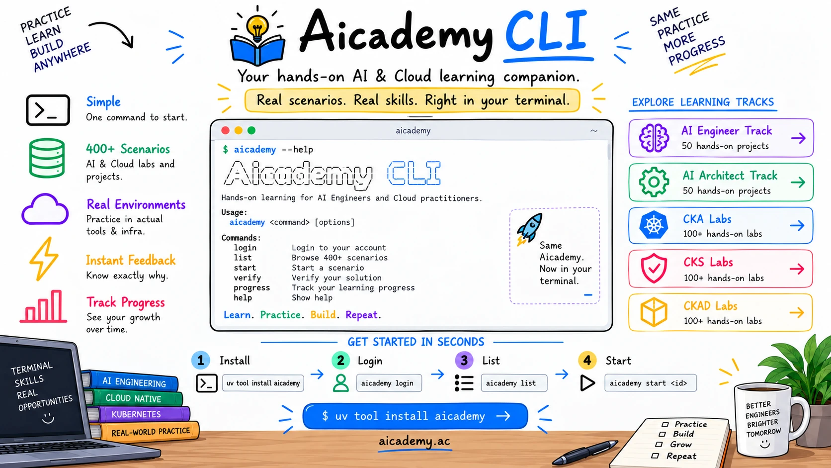 Aicademy CLI terminal preview showing `aicademy --help` output, the install/login/list/start workflow, and links to each learning track.