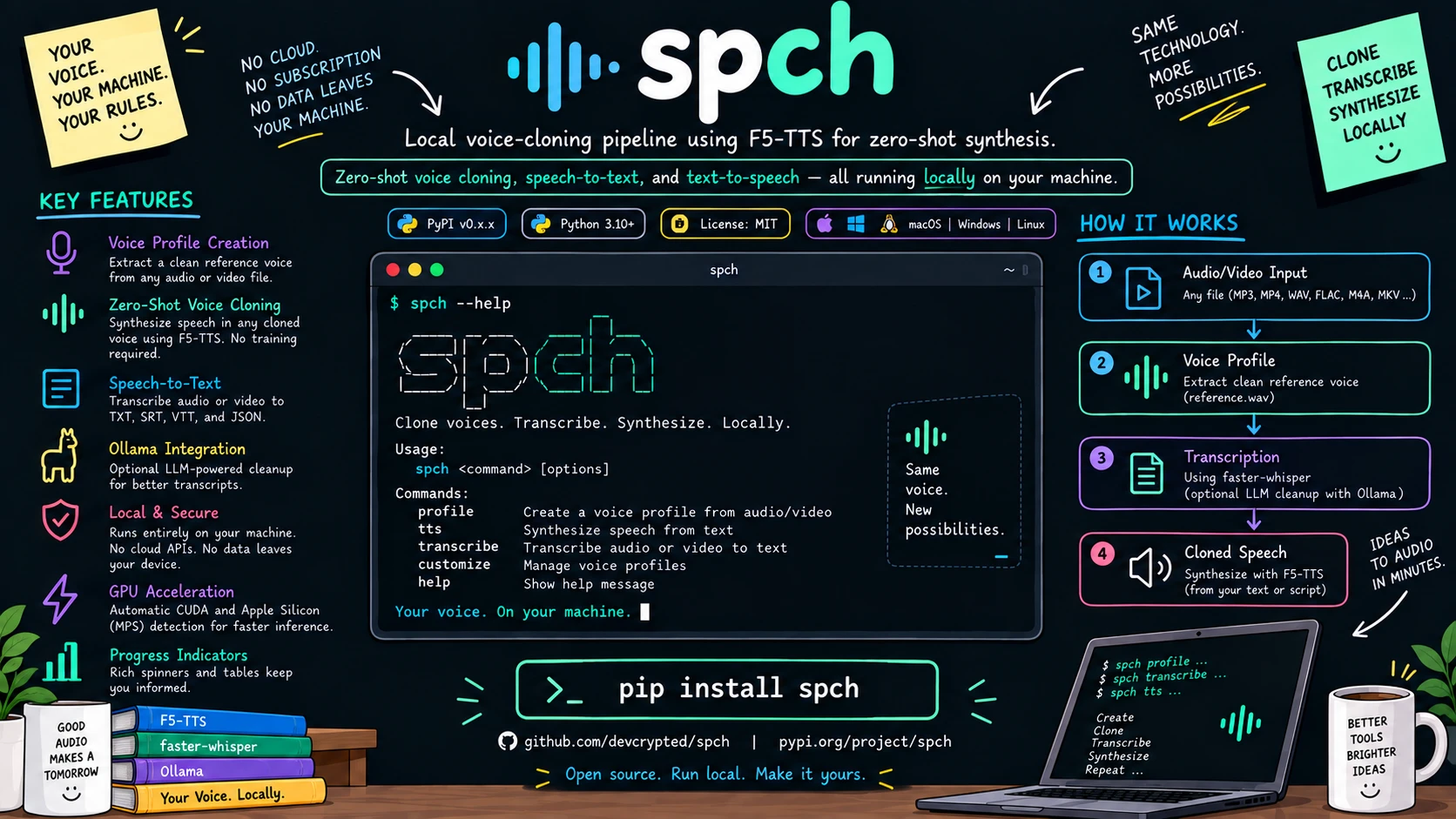 spch overview: zero-shot voice cloning, speech-to-text, and text-to-speech, all running locally via F5-TTS and faster-whisper.