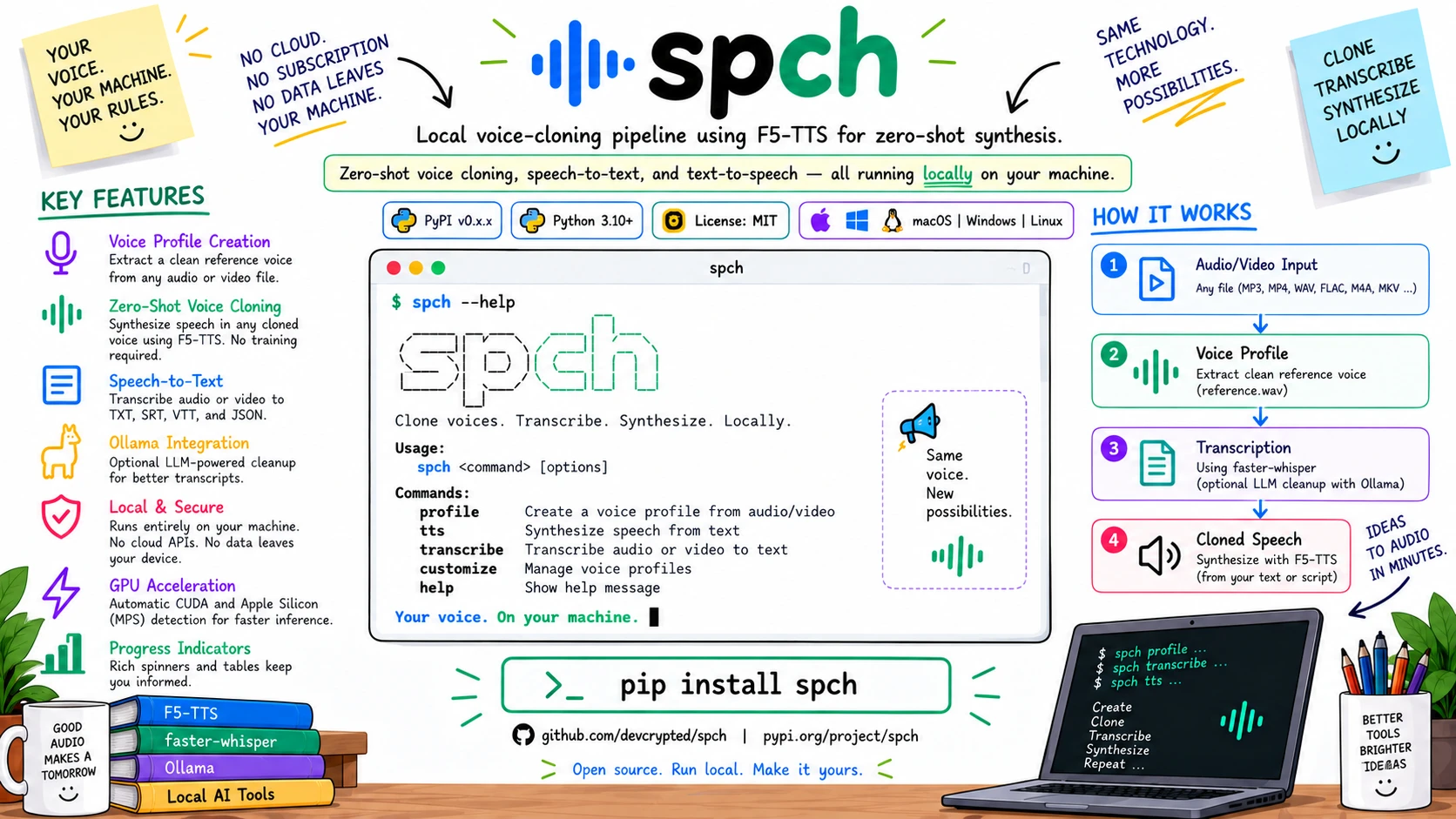 spch overview: zero-shot voice cloning, speech-to-text, and text-to-speech, all running locally via F5-TTS and faster-whisper.